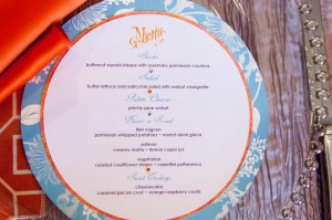 This is a menu for a recent wedding planner dinner hosted by fresh from the kitchen catering: Butternut squash bisque, butter lettuce and radicchio, prickly pear sorbet, filet mignon, salmon, and vegetarian alternative with caramel pecan cheesecake.